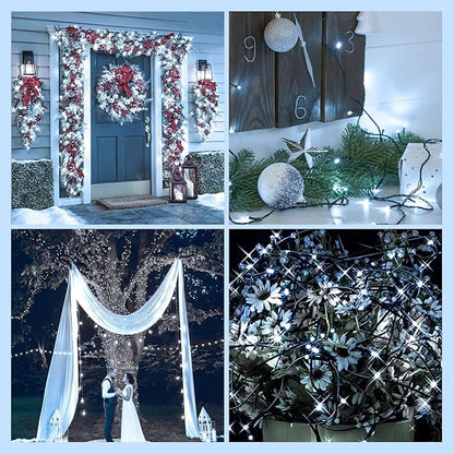Upgraded 33 FT 100 LED Christmas Lights Outdoor Indoor, Extendable Waterproof White String Lights with Memory Function & Timer & 8 Modes Green Wire for Xmas Tree Holiday Party Garden Decor(Cool White)