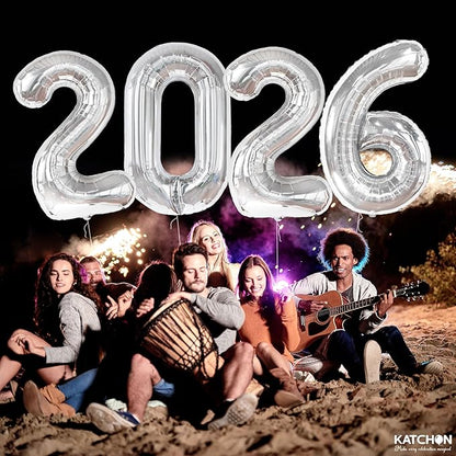 Katchon, Giant Silver 2026 Balloons - 42 Inch | New Year Balloons | 2026 Balloon Numbers | Silver Balloon for New Years Decorations 2026 | NYE Decorations | New Years Eve Party Supplies 2026