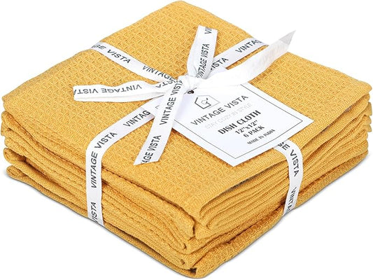 Vintage Vista 100% Cotton Waffle Dish Cloths (Pack of 6) - Dish Rags for Washing Dishes - Reusable & Highly Absorbent Kitchen Towels - Kitchen Rags for Christmas - (12" x 12" - Yellow)