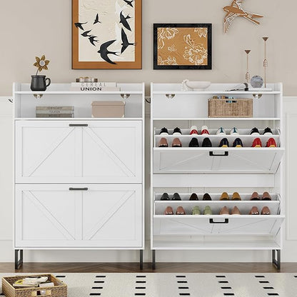 Shoe Cabinet with 2 Flip Drawers Narrow Shoe Storage Cabinet Organizer Wooden Freestanding Shoe Rack Hidden Slim Shoes Storage Cabinet for Entryway, Hallway, Bedroom