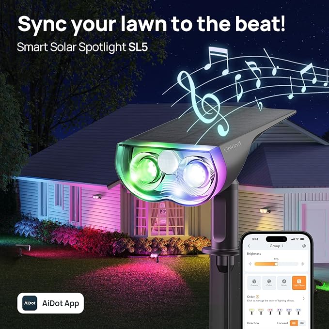 Linkind Smart Solar Lights Outdoor SL5 with Motion Sensor, APP Control Color Changing Solar Spot Lights Outdoor, IP65 Landscape Lighting, Halloween Decorations for Yard, Garden, Pathway(2 Pack)