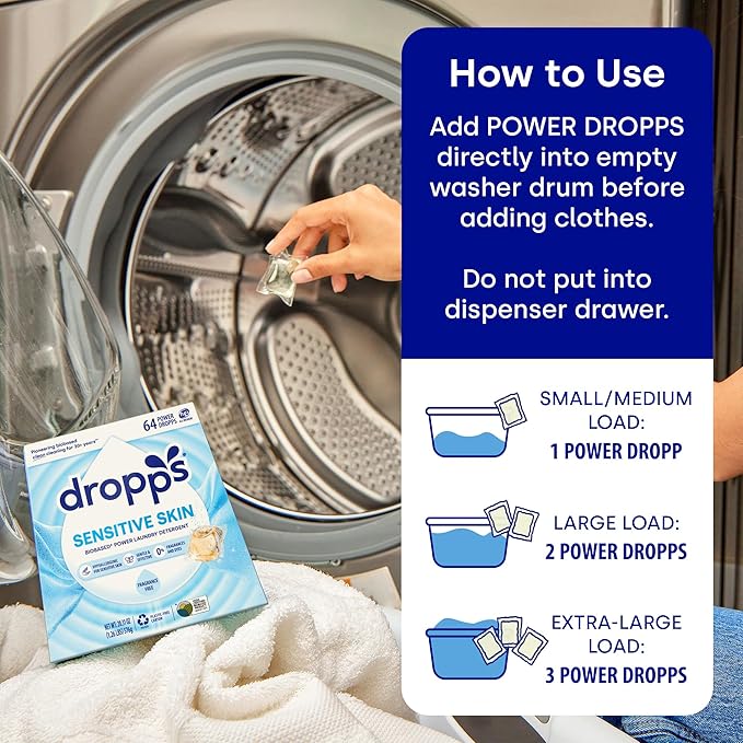 Dropps Sensitive Skin Laundry Detergent Pods, Unscented (64 Count) - Dermatologist Tested Laundry Pods - HE Compatible Laundry Supplies for Clean Clothes, Vegan & Dye-Free