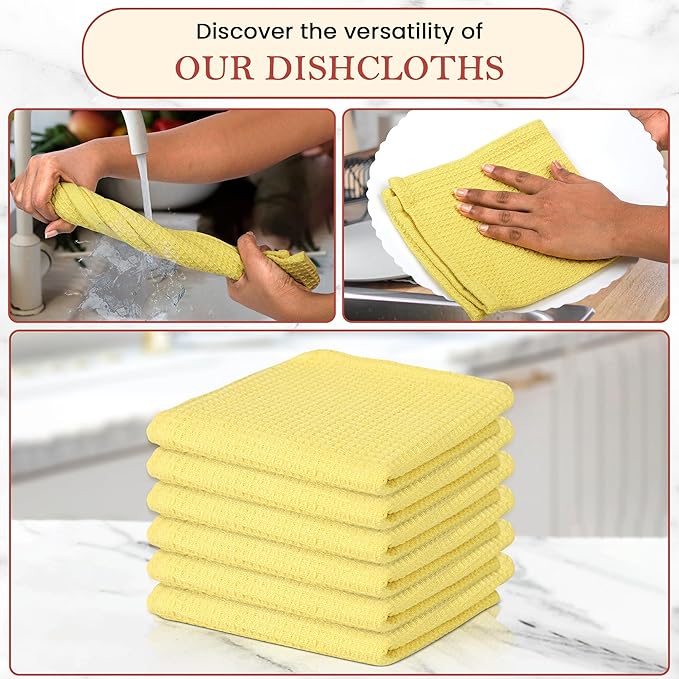 Vintage Vista 100% Cotton Waffle Dish Cloths (Pack of 6) - Dish Rags for Washing Dishes - Reusable & Highly Absorbent Kitchen Towels - Kitchen Rags for Christmas - (12" x 12" - Lemon Yellow)
