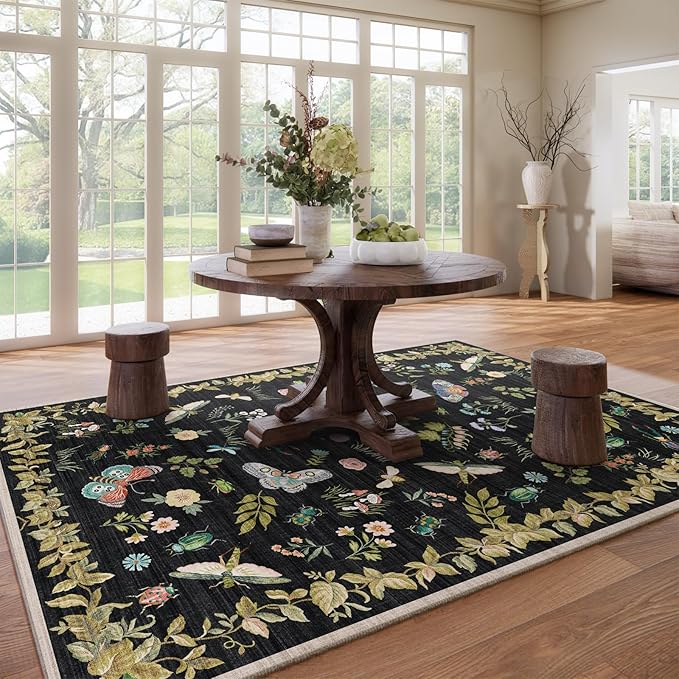 Machine Washable Rug for Living Room: 9x12 Area Rugs Vintage Bedroom Rug Stain Resistant Non Slip Low Pile Soft Carpet for Bedroom Kitchen Dining Room Nursery Kids Room Farmhouse Home Office