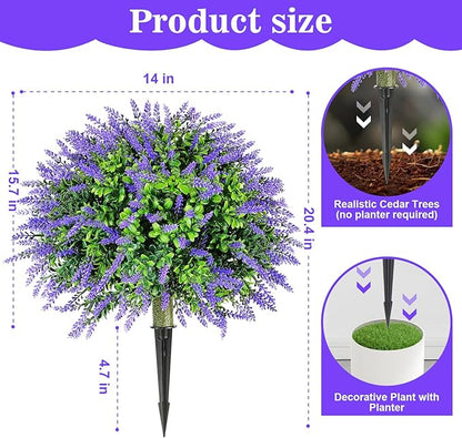 LAFORMO Artificial Lavender Topiary Ball Trees with Ground Spike, 2 Pack 15.7" UV Resistant Artificial Shrubs, Fake Evergreen Artificial Plant Brush for Indoor Outdoor Front Porch Garden