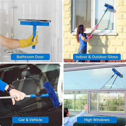 Window Squeegee, 2-in-1 Window Cleaner with Removable Extension Poles 177'' Window Washing Kit Glass Door Cleaner Multi-Use Car Windshield Cleaning Tool with 1 Blade 3 Scrubber for High Outdoor Window