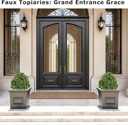 27“ Realistic Artificial Boxwood Topiary Trees Set of 2, Faux Boxwood Plants Outdoor UV-Resistant, No Maintenance Curb Appeal Fake Evergreen Bushes & Shrubs for Front Porch Outside Planter Decor