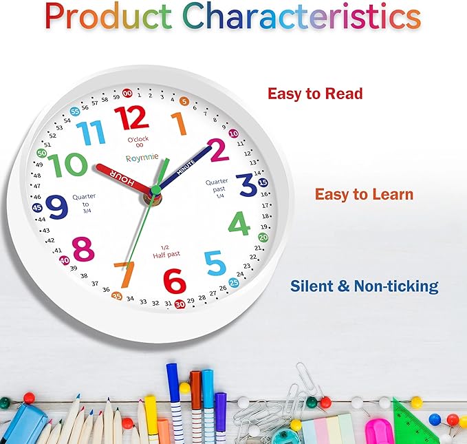 Wall Clock 10 Inch for Kids Learning Kids Teaching Clock Analog Silent Battery Operated Colorful Teaching Time Clock Decorative for Kids Room Kitchen School (White Grain)