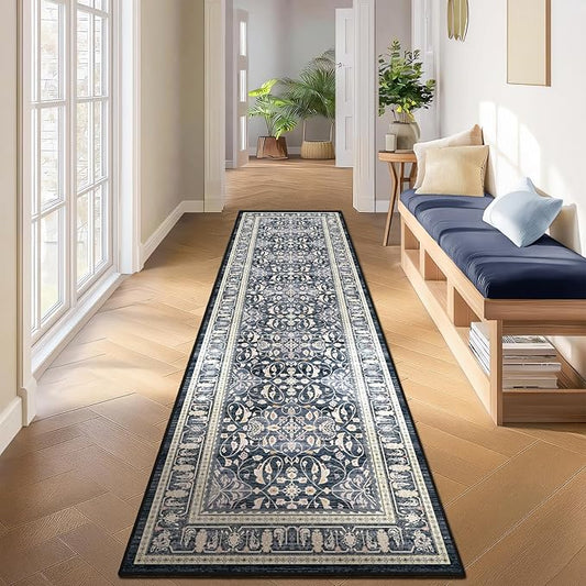 Dark Blue 2x8 Kitchen Runner, Washable Non Slip Runner Rug for Hallway Entryway, Lightweight Ultra Thin Low Pile Carpet Runner for Bathroom/Mudroom/Corridor/Laundry Room, Floral Trellis Printed