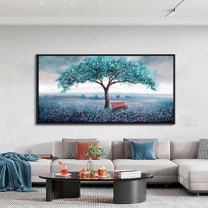 KLAKLA Large Tree Wall Art - Teal Blue Nature Tree of Life Abstract Canvas Painting for Living Room Modern Large Panoramic Landscape Framed Artwork for Bedroom Office Home Decor