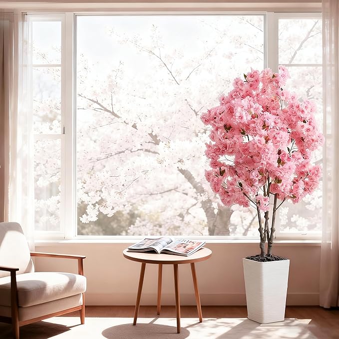 Artificial Cherry Blossom Tree, 5FT Fake Plants Indoor, Faux Pink Sakura Flowers Blooming Tree in Pot, Artificial Trees Silk Plant for House Bedroom Living Room Office Entryway Porch Decor