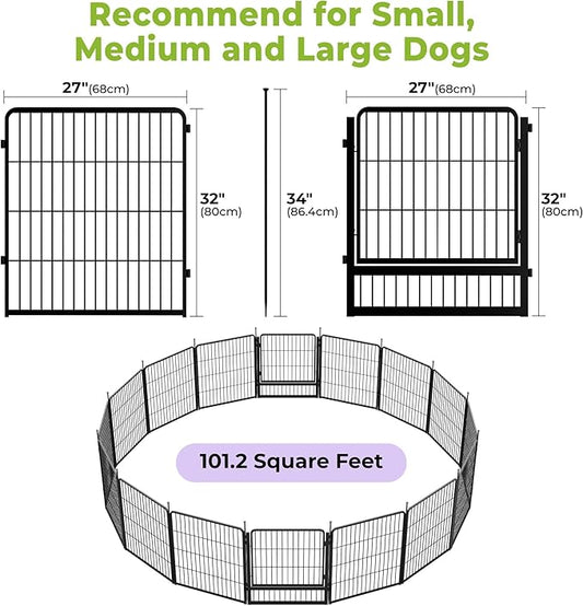 SunsGrove Dog Playpen Outdoor, Heavy Duty 32 Inch 16 Panels Dog Playpen for Small and Medium Dogs, Free and Safe Play Dog Fence Indoor, Black