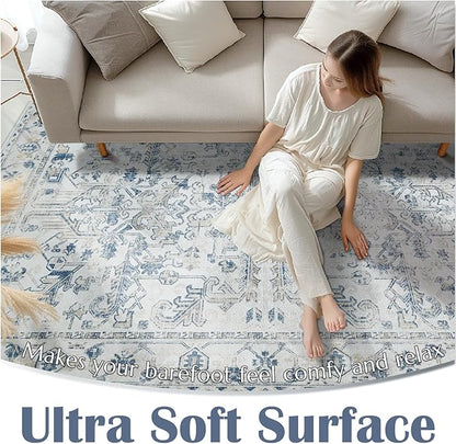 jinchan Hallway Runner Rug 2x10 Washable - Vintage Floral Non Slip Low-Pile Soft Ultra-Thin Faux Wool Kitchen Rug Distressed Carpet Runner for Farmhouse Bedroom Laundry (2x10ft,Blue)