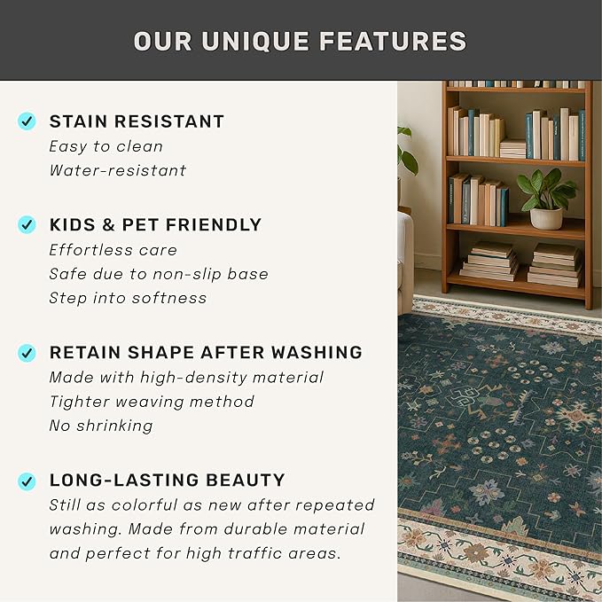 Dark Green 2x8 Non Slip Kitchen Runner Rugs - Modern Vintage Boho Eclectic Floral Pattern, Washable Low Pile Non-Slip 8ft Long Runner Rugs for Hallway, Entrance