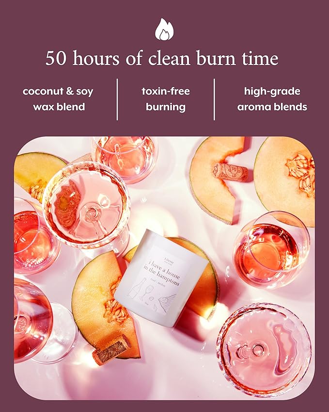 Literie NYC Inspired Scented Candle: I Have A House in The Hamptons - Rosé & Melon Scent, 9oz, 50 Hour Burn, Vegan Soy & Coconut Blend Candle for Home Decor, Gift for Women & Men