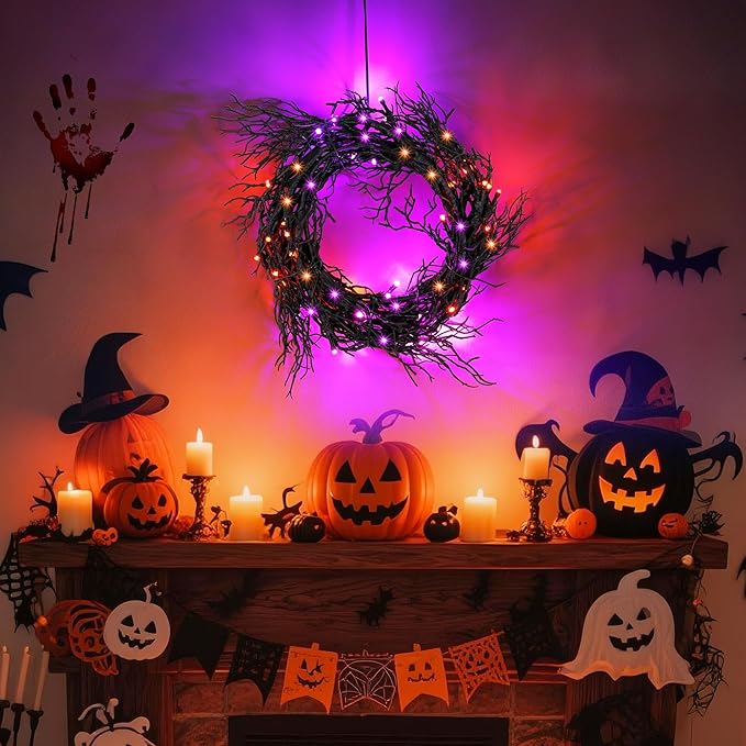 6 FT Halloween Black Garland Willow Vine Twig Decor with Orange & Purple Light, 8 Modes & Timer Battery Operated Waterproof Halloween Decorations Indoor for Mantle Fireplace Home Party Decor