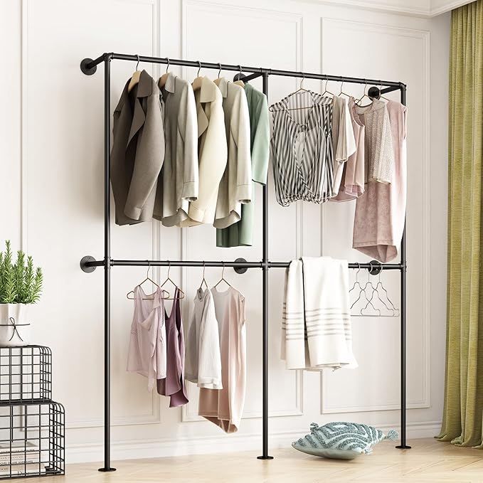 BOSURU Industrial Pipe Clothing Rack Wall Mounted,Clothes Racks with Double Hanging Rods for Closet Storage(Black)