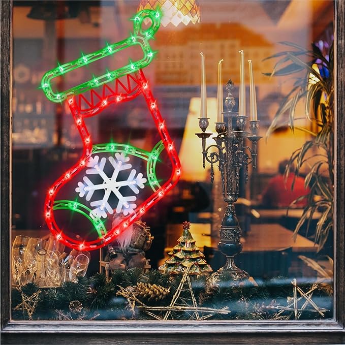 16" Christmas Window Silhouette Lights Decorations - 6 Pack Colour Lighted Reindeer ＆ Bell ＆ Nativity ＆ Candle ＆ Christmas Stocking ＆ Bethlehem Star for Holiday Wall Door Window Decorate