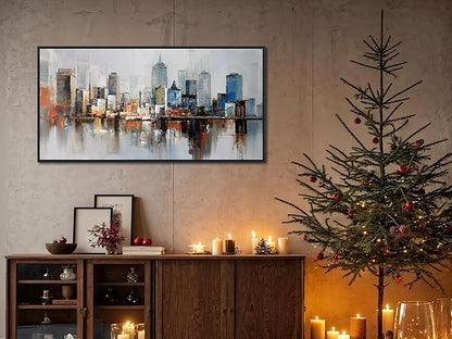 Arjun NYC Skyline Wall Art Framed Canvas Modern New York Abstract Cityscape Painting, Brooklyn Bridge Textured Picture for Living Room Bedroom Home Office Wall Decor, Large Black Wood 40"x20"