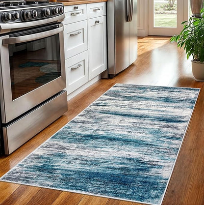 KOZYFLY 3x5 Area Rug Modern Ombre Rug for Bedroom, Washable Rug Non-Slip Soft Striped Living Room Area Rug, Print Blue Abstract Carpet for Laundry Nursery