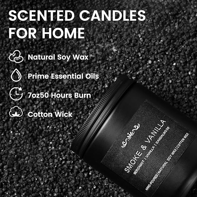 6 Pack Candles for Men - Mens Candle Gift Set, 42oz Scented Candles with Smoke Vanilla/Leather/Oak/Amber/Cardamom/Wood, 300 Hour Burn Time, Soy Candles Non-Toxic for Him, Home Office Man Cave Decor