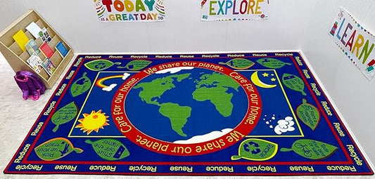 Earth Educational World Area Rug, 7'6" x 12', Multicolored, Educational Classroom Rug, Kids Learning Play Mat | Area Rug for Bedroom or Playroom