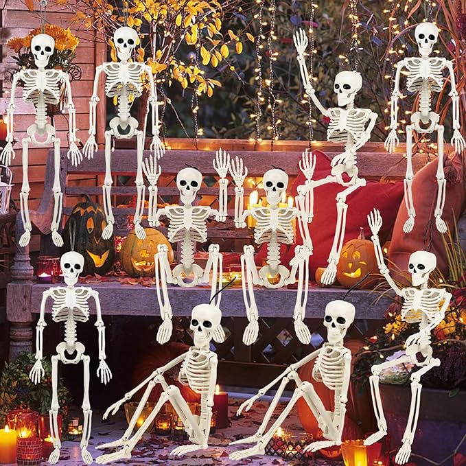 10 Pack Halloween Skeleton Decorations Outdoor: 16" Posable Skeleton Halloween Prop for Haunted House Indoor & Outdoor Decoration Spooky Decor