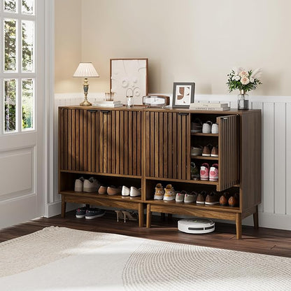 Shoe Storage Cabinet with Adjustable Shelves, Wooden Shoe Organizer, Shoes Rack for Entryway, Hallway, Living Room (Walnut, 27.56" W)