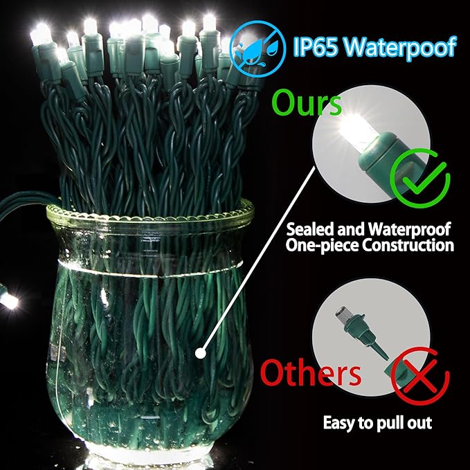25ft 50 Counts White LED Christmas Lights - Commercial Grade Outdoor Waterproof, 5mm Wide Angle Green Wire, Xmas Tree Light, IP65, UL, JK5665