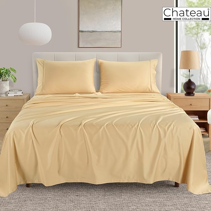 400 Thread Count Cotton Bed Sheets King Size, 15" Deep Pocket King Sheet Set, 4 Piece Naturally Cool Soft Sateen Weave Machine Washable Fully Elasticated- Semolina