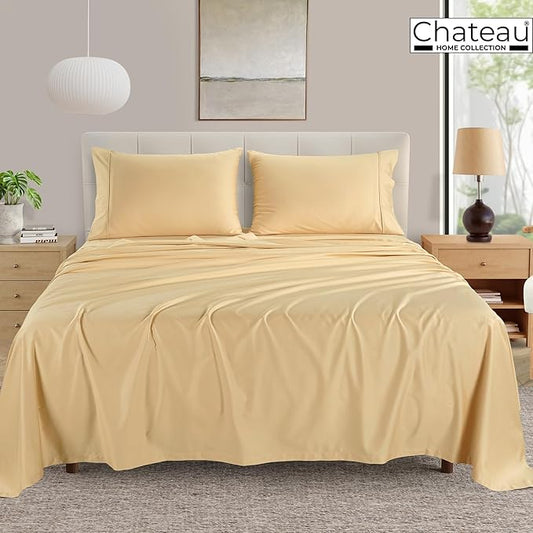 400 Thread Count Cotton Bed Sheets King Size, 15" Deep Pocket King Sheet Set, 4 Piece Naturally Cool Soft Sateen Weave Machine Washable Fully Elasticated- Semolina