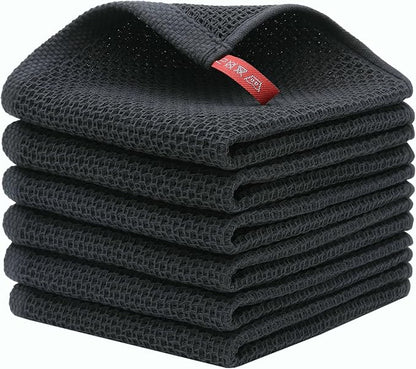 Mia'sDream Cotton Kitchen Towels and Dish Cloths Sets, Waffle Weave Dish Towels for Kitchen Drying Dishes, Soft and Absorbent Kitchen Hand Towels Washcloths,12inchx12inch 6 Pack (Black)