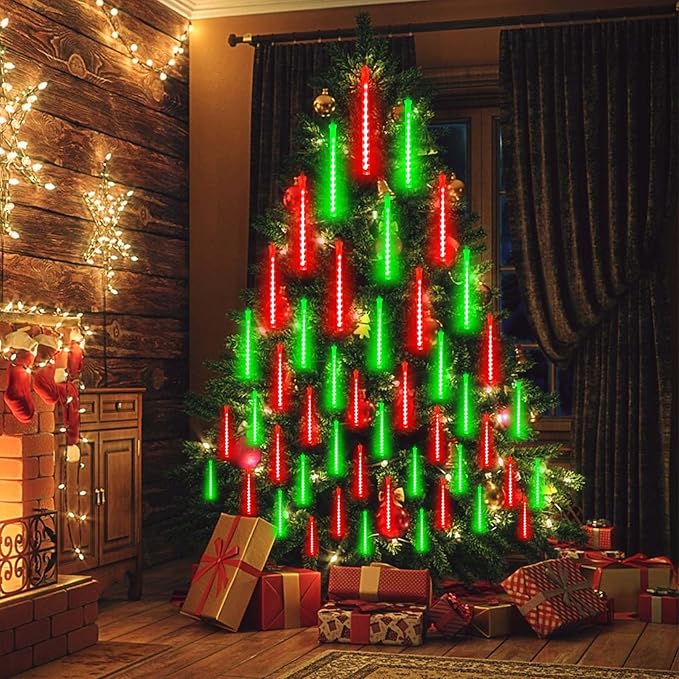 2 Pack Christmas Decorations Lights Outdoor, Extendable Meteor Shower Lights with Timer, Total 384LED 30cm 16 Tubes Indoor Outdoor Snow Cascading String Light for Xmas Party Yard Decor (Red and Green)