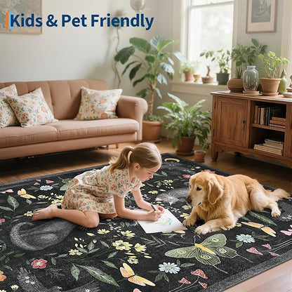 GarveeHome 3x5 Cat Washable Area Rug for Entryway, Mushroom Floral Black Bedroom Rug Non Slip Low Pile Butterfly Carpet Stain Resistant Throw Rug for Kitchen Dorm Kids Room Office Dining Room