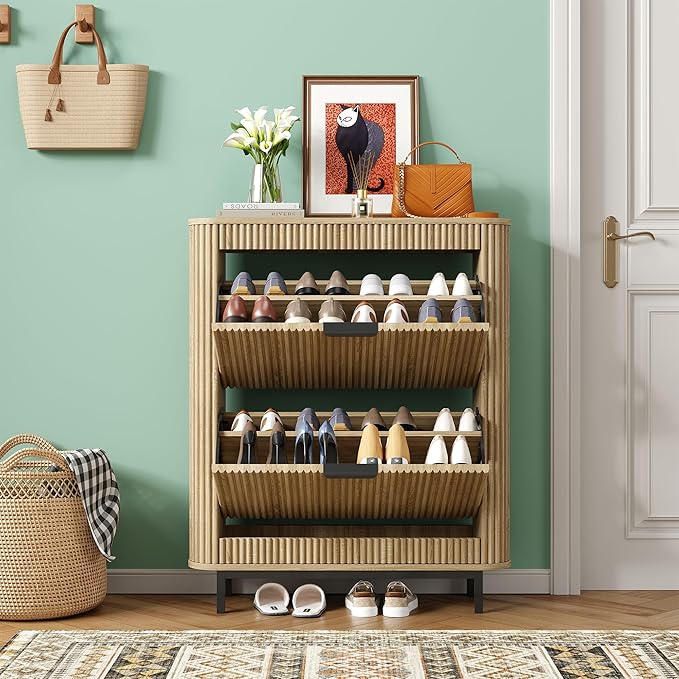 Shoe Cabinet with 2 Flip Drawers, Arc Narrow Wood Shoe Storage Cabinet with Fluted Panel and Metal Legs, Freestanding Wood Hidden Shoe Rack Cabinet for Foyer, Hallway, Nature