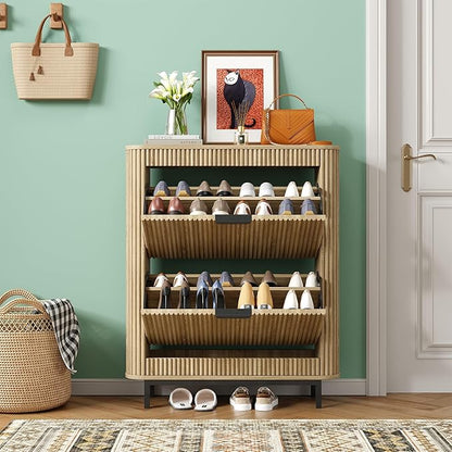 Shoe Cabinet with 2 Flip Drawers, Arc Narrow Wood Shoe Storage Cabinet with Fluted Panel and Metal Legs, Freestanding Wood Hidden Shoe Rack Cabinet for Foyer, Hallway, Nature