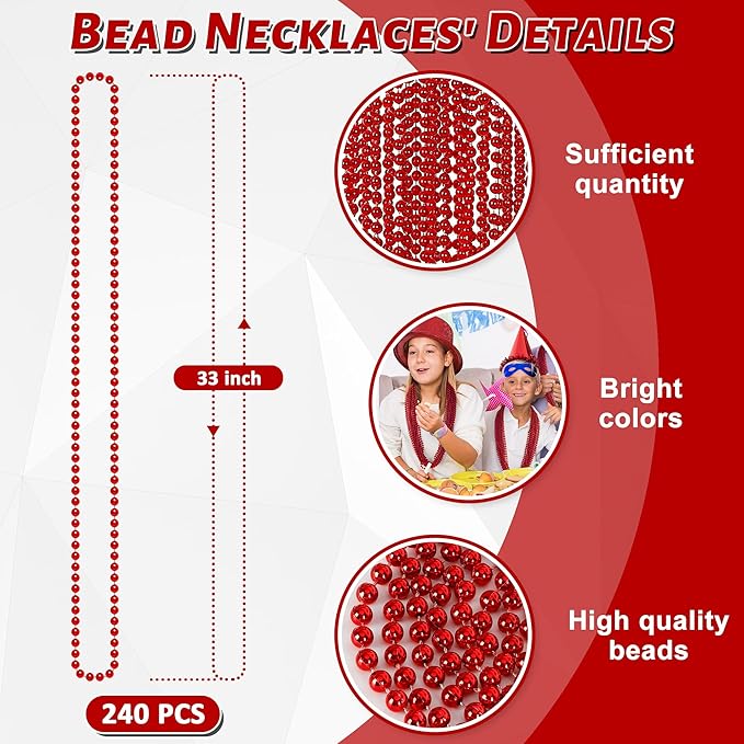 240PCS Red Necklace, Christmas Beads Necklace Accessories, 33" Red Mardi Gras Beads Festival Parade Throw for Wedding Birthday Valentines Mardi Gras Christmas Celebrations Decorations