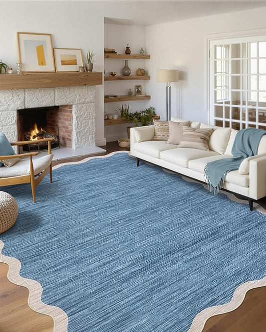 GarveeHome Scalloped Washable Area Rug 8 x 10 Rug for Living Room Modern Blue Rug Non Slip Throw Rugs Distressed Large Bedroom Area Rug Stain Resistant Carpet for Dining Room Nursery 8 ft x10 ft Blue