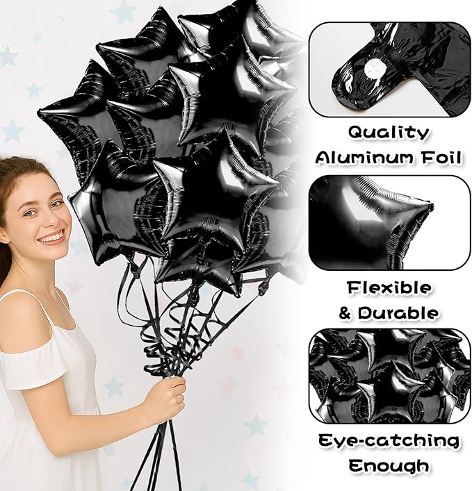 Black Star Balloons Black Star Foil Balloon Set Mylar Helium Metallic 12pcs 18 Inch Birthday Decorations Room Decor Graduation Decoration Class of 2025 Party Baby Shower Anniversary Wedding