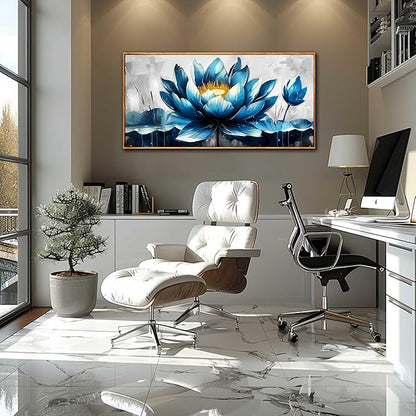Ouzzlie Lotus Wall Art Blue Wall Decor Flower Painting Gray Canvas for Bedroom Modern Art 24" x 48"