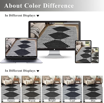 HelloTree Hallway Runner Rug，2.6x8 Moroccan Modern Stripe Carpet Washable Machine Bathroom Runner Bohemian Design Modern Soft Non Slip Indoor Rug for Entryway Hallway Laundry Room Bedroom-Black