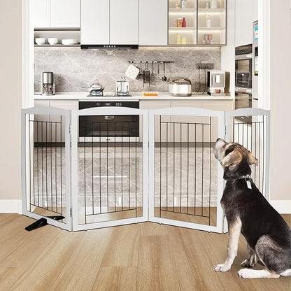 ZJSF Freestanding Dog Fence Indoor, Foldable Dog Gate for Doorways, Stairs or Hallways, Sturdy Wood Extra Wide Pet Gate with Support Feet for The House, Grey, 32 "Height-4 Panels