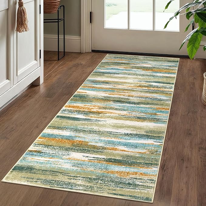 Modern Abstract Runner Rug 2x5, Green Mustard Multi Washable Entryway Kitchen Runner Non-Slip Soft Hallway Rug Runner Thin Print Faux Wool Carpet for Bedroom Laundry Room Indoor