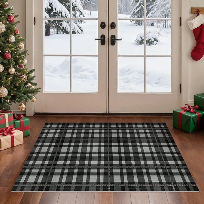 GENIMO Checkered Rug 4x6 Ft Black and White Fine Plaid Outdoor Rug Buffalo Plaid Rugs Mat Fall Doormats Washable Rug for Front Porch Decor Indoor Entrance Patio Balcony Entryway