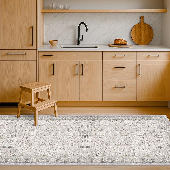 Light Gray Washable 2'6"x8' Wide Runner Rugs for Kitchen, Bathroom, Hallway, Non-Slip & Stain Resistant Long Floor Rug, Neutral Boho Floral Décor