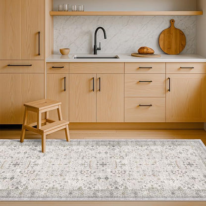 Light Grey 2x6 Boho Bathroom Runner Rug - Modern Vintage Eclectic Floral Pastel Neutral Taupe, Washable Low Pile Non-Slip Runner Rugs for Kitchen, Door Mat Indoor Entrance, Bedroom Laundry Hallway