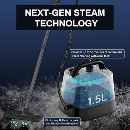 Steam Cleaner with 24-Piece Attachments, Multipurpose Steamer Mop for Home, Floor, Car, Grout, Tile, Furniture, Carpet, Couch, Window, Wall, Upholstery, Oven Grease, Canister, 1.5L Tank