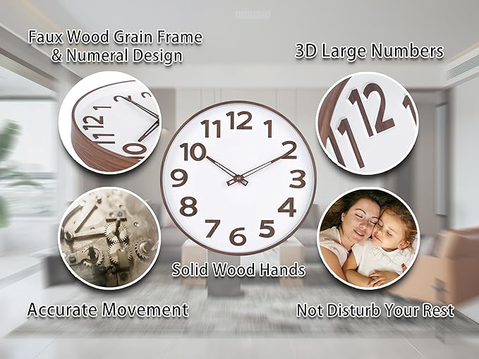 45MinST 12-Inch Modern Faux Wall Clock, Large Numbers, Silent Non-Ticking, Real Wood Hands, Accurate Timekeeping, Decorative Accent for Home or Office(Wood Color)