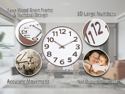 45MinST 12-Inch Modern Faux Wall Clock, Large Numbers, Silent Non-Ticking, Real Wood Hands, Accurate Timekeeping, Decorative Accent for Home or Office(Wood Color)