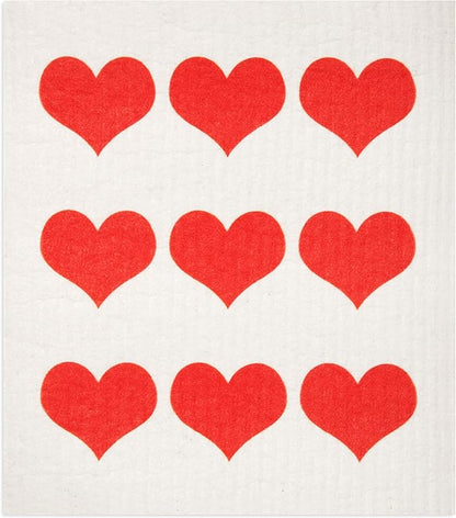 Swedish Dishcloths 2 Pack Row of Red Hearts Print Reusable Sponges Kitchen Cleaning Cloth Dish Scrubber, Machine Washable, Measures 7.87”x6.88 inches.